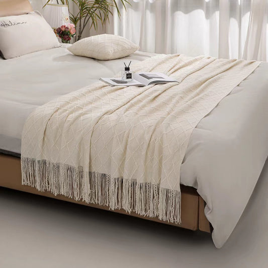Solid Color Knitted Blanket with Fringe for Decor